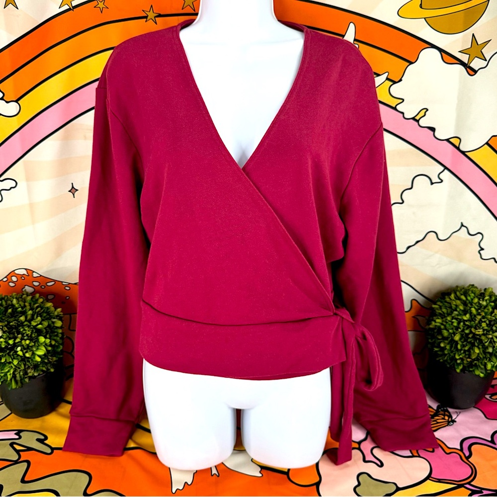 {Fabletics} ‘Mandy’ Maroon Burgundy Wrap-Style Side Tie Top Long Sleeve Sweater